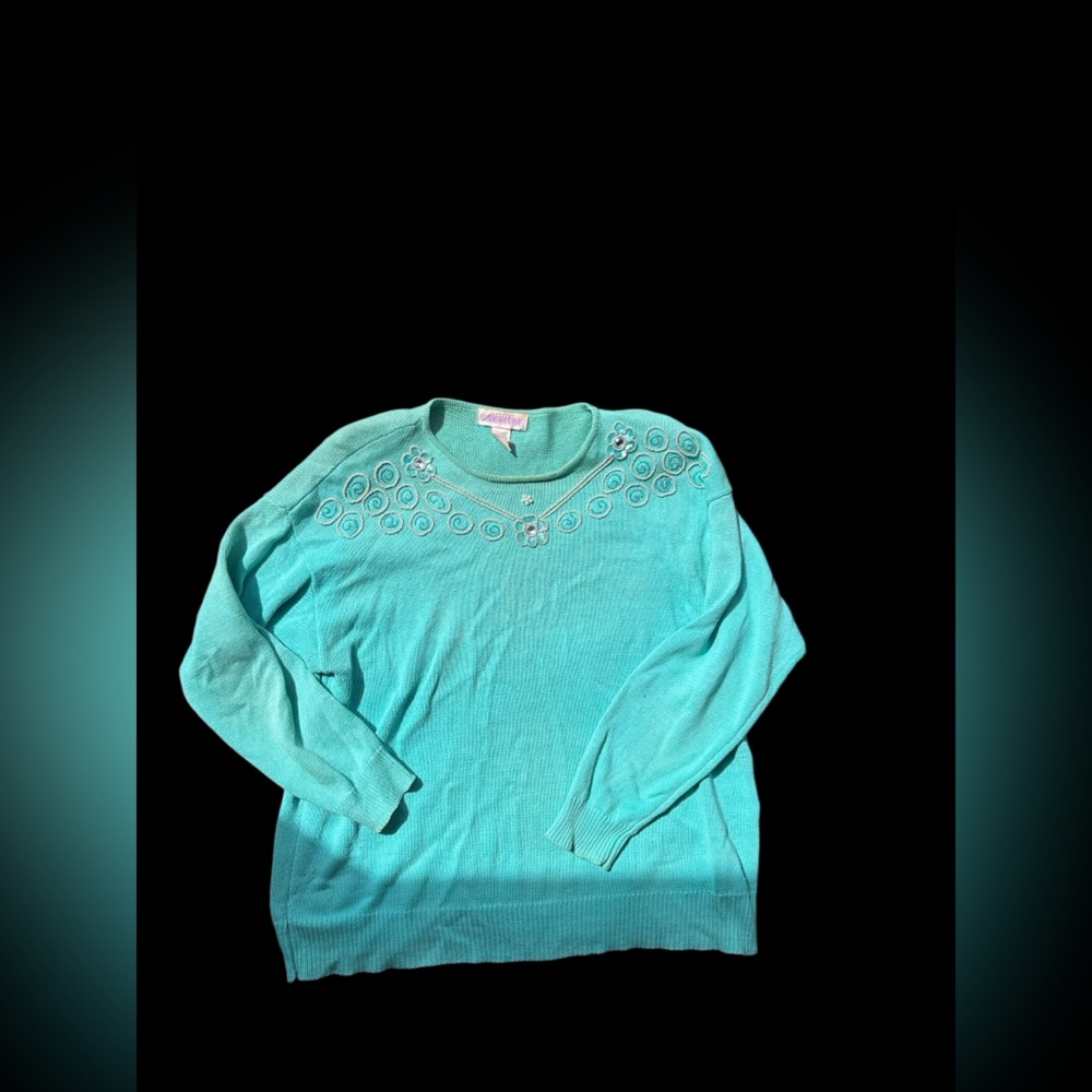 ✨Special Measure vintage turquoise blue sweater with white floral embroidery✨